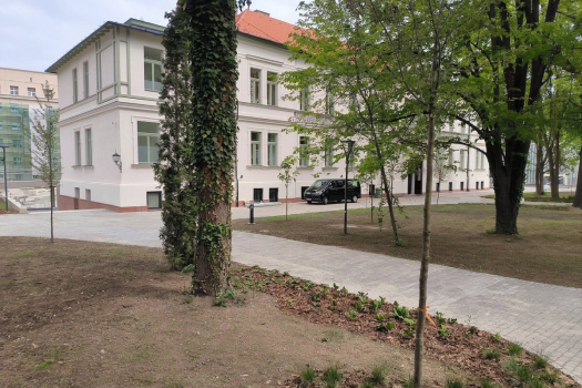 Új sétányok és térkőfelületek a felújított épület körül