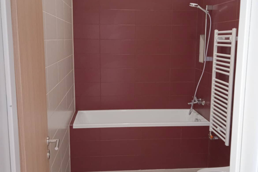 Bathroom of an accommodation unit with burgundy wall tiling