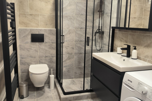 New bathroom with a shower cabin and a washbasin unit housing the washing machine