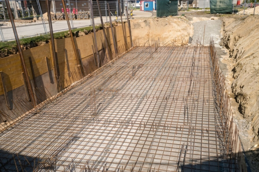 Reinforced raft foundation of an industrial building before concreting